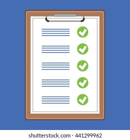 Checklist vector icon. Passed exam with green check marks.