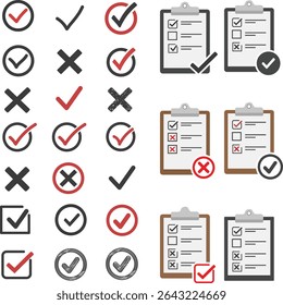 Checklist vector icon set, checkmarks Checklist and Tick Mark Icon Set Hand Drawn and Flat Style Crosses, Checkmarks, and Clipboards on White Background