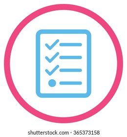 Checklist vector icon. Style is bicolor flat circled symbol, pink and blue colors, rounded angles, white background.