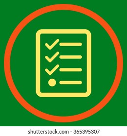 Checklist vector icon. Style is bicolor flat circled symbol, orange and yellow colors, rounded angles, green background.