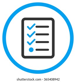 Checklist vector icon. Style is bicolor flat circled symbol, blue and gray colors, rounded angles, white background.