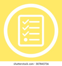 Checklist vector icon. This rounded flat symbol is drawn with white color on a yellow background.