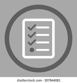 Checklist vector icon. This rounded flat symbol is drawn with dark gray and white colors on a silver background.