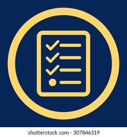 Checklist vector icon. This rounded flat symbol is drawn with yellow color on a blue background.