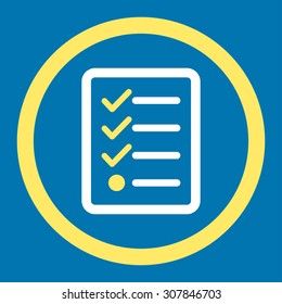 Checklist vector icon. This rounded flat symbol is drawn with yellow and white colors on a blue background.