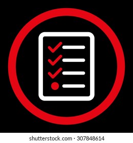 Checklist vector icon. This rounded flat symbol is drawn with red and white colors on a black background.