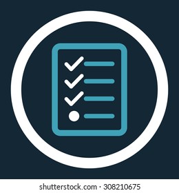 Checklist vector icon. This rounded flat symbol is drawn with blue and white colors on a dark blue background.