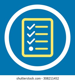 Checklist vector icon. This rounded flat symbol is drawn with yellow and white colors on a blue background.