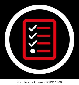 Checklist vector icon. This rounded flat symbol is drawn with red and white colors on a black background.