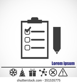 Checklist vector icon.Bonus icons: snowflake, Christmas tree,gift,molecule,delete icon and Hazard warning attention sign.