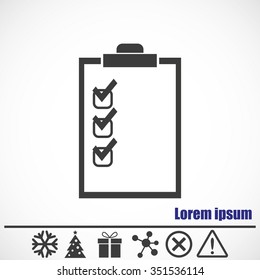 Checklist vector icon.Bonus icons: snowflake, Christmas tree,gift,molecule,delete icon and Hazard warning attention sign.