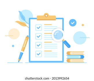Checklist. Vector illustration. Clipboard and check list with check marks, pen, books and magnifying glass. Document, survey, agreement, report, form concepts