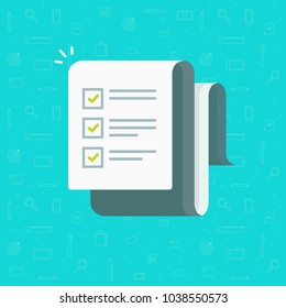 Checklist vector illustration, flat cartoon paper sheet with complete to do list checkmarks, idea of feedback report, success research, survey or questionnaire test form, assess or evaluation document