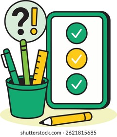 Ilustração de vetor de lista de verificação com ponto de interrogação, isolada no plano de fundo branco