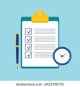 Checklist Vector Images, Vector Art, Checked Item on White paper with Pen and Watch, Vector Images for School, College and Office, Documents, Clipboard List, 