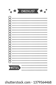 Checklist. Vector Template for Agenda, Planner and Other Stationery. Printable Organizer for Study, School or Work. Objects Isolated on White Background.