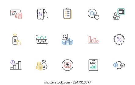 Checklist, Wallet and Discounts app line icons for website, printing. Collection of Report document, Discount, Graph chart icons. Inspect, Coins bag, Phone payment web elements. Vector