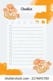 Checklist with watercolour background, autumn colours and mushrooms.