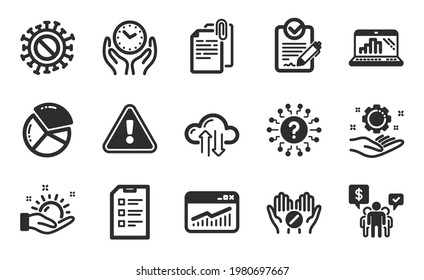 Checklist, Website statistics and Teamwork icons simple set. Rfp, Coronavirus and Question mark signs. Pie chart, Graph laptop and Safe time symbols. Flat icons set. Vector