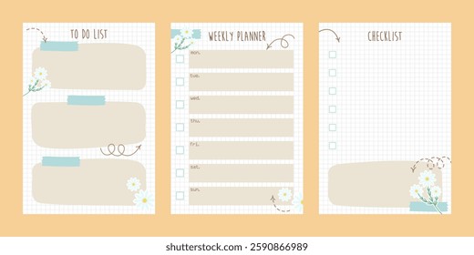 Checklist, weekly planner template, notebook sheets, Hand drawn illustration in simple cute style. Set up a to do list. Template for daily list, don't forget, pointers, planners. Vector illustration