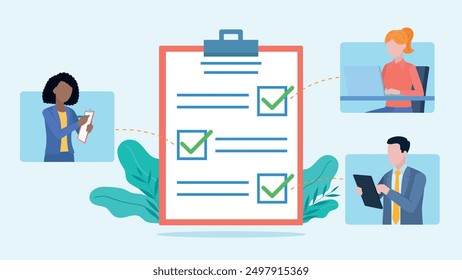 Una lista de verificación con respuestas bien marcadas. Las fichas van acompañadas de las cifras de los empleados. Dos mujeres y un hombre están trabajando en una computadora, tomando notas. Ilustración vectorial de diseño plano.