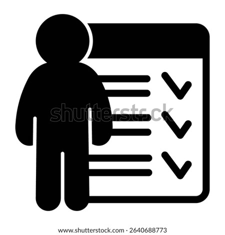 Checklist window and human solid icon, neural network concept. Vector graphics. User survey data, quiz training sign on white background, style mobile or design
