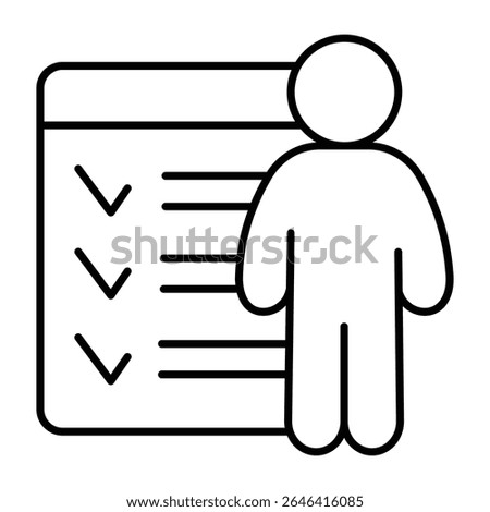 Checklist window and human thin line icon, neural network concept. Vector graphics. User survey data, quiz training sign on white background, style mobile or design