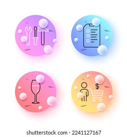 Lista de comprobación, Wineglass y la herramienta Spanner iconos de línea mínimos. botones de esferas o bolas 3d. Iconos del comprador. Para web, aplicación, impresión. Lista de datos, vidrio de Borgoña, destornillador de reparación. Carro de compras. Vector