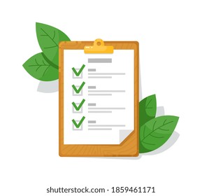 Checklist wooden clipboard and green leaf isolated on white