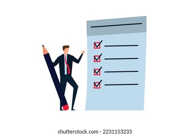 Lista de comprobación para la finalización del trabajo, empresario de confianza que se encuentra con lápiz después de completar la lista de verificación de todas las tareas