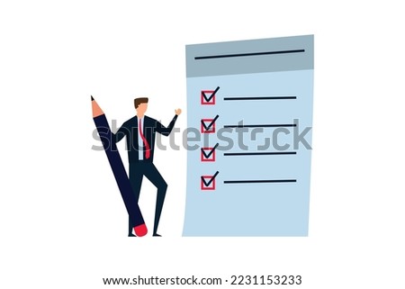 Checklist for work completion, confident businessman standing with pencil after completed all tasks checklist