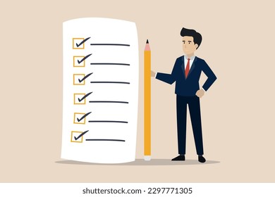 Checklist for work completion, review plan, business strategy or todo list for responsibility and achievement concept, confident businessman standing with pencil after completed all tasks checklist.