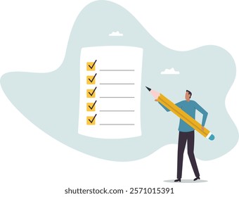 Checklist for work completion, review plan, business strategy or todo list for responsibility and achievement.business concept.flat character.