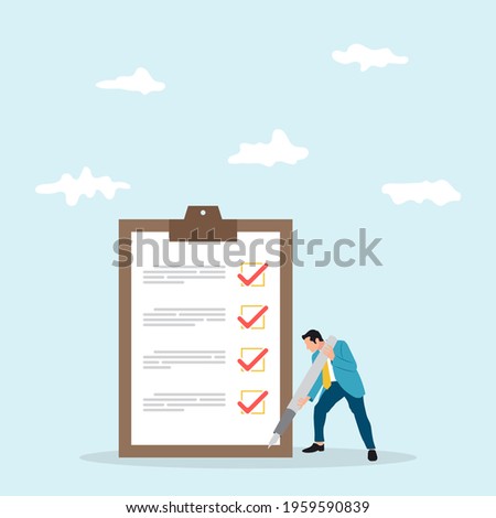 Checklist for work completion, review plan, business strategy or to do list for responsibility and achievement concept. Confident businessman holding pen after completed all tasks checklist.