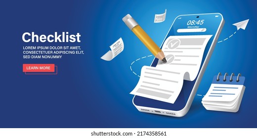 checklist, work project plan concept, fast checklist, posting plan on blue background, productivity checklist 3d.Manager or test review concept.Online paper checklist via mobile application.