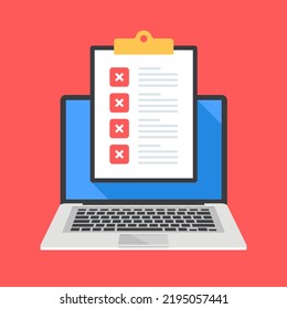 Checklist and x marks. Clipboard with check list and cross marks on laptop screen. Error, mistake concepts. Vector illustration