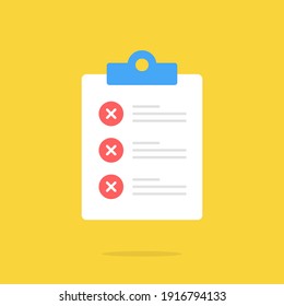Icono de lista de verificación y x marcas. Portapapeles con lista de verificación y marcas de cruce. Diseño plano. Icono de vector