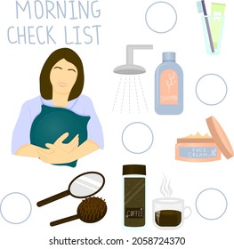 The checklist. A young girl performs her morning routine, including taking a shower, brushing her teeth, having a cup of coffee, combing. The concept of a woman's self-care.