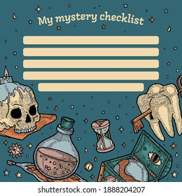Checklist for Young Wizard. Magic Element and a Place to Write. Skull with Candle, Mystical Phial with Potion or Poison, Wooden Chest, Globe, Tooth with Keyhole and Key, Hourglass, Stars, Sun and Moon