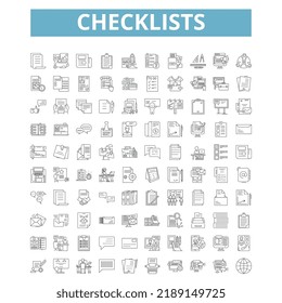 Iconos de listas de comprobación, símbolos de línea, signos web, conjunto de vectores, ilustración aislada