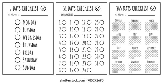 Checklists for planning on 7, 31 and 365 days. Blank vector template for challenge progress. Black symbols on white background. Empty circles for marking completed tasks.