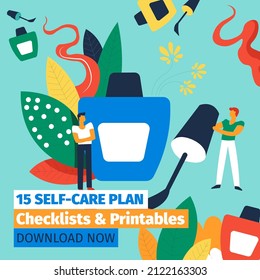 Checklists And Printables Download Now, Self Care Plan, Beauty And Relax Routine For Female. Manicure And Spa Salon, Massage And Hair Treatment For Beautiful Appearance And Look. Vector In Flat