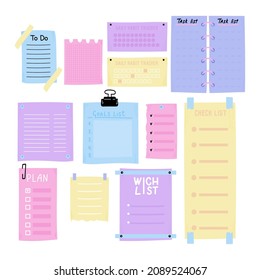 checklists set. Goals list, desires, habit tracker, plan, wichlist, to do, sheets to the point. Trending colors. Isolated elements. Сute design. Vector illustration, hand-drawn