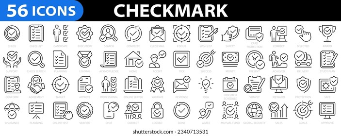 Checkmark 56 line icon set. Approve icons for web and mobile app. Accept, agree, selected, confirm, approve, correct, complete, checklist and more. Vector illustration