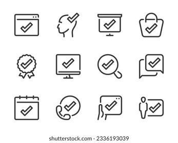 Checkmark and Acceptance vector line icons. Check, Tick and Approve outline icon set.