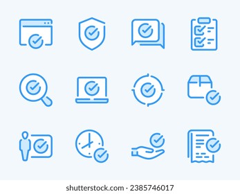 Checkmark and Acceptance vector line icons. Check, Tick and Approve outline icon set. Website, Search, Protection, Target, Plan, Communication, Delivery Box and more.