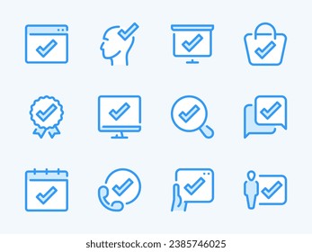 Checkmark and Acceptance vector line icons. Check Mark, Tick and Approve outline icon set. Website, Award, Calendar, Computer, Presentation, Search and more.