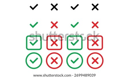 Checkmark accepts agree cross agreement icon sign and symbol, box and circle check mark button, vector art design, green and red color symbol, 