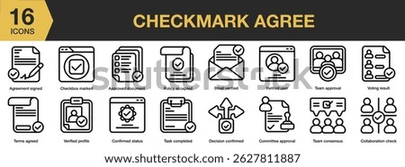 Checkmark Agree icon set. Includes check, correct, agree, checkmark, yes, mark, and More. Outline icons vector collection.