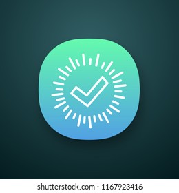 Checkmark app icon. Successfully tested. Tick mark. Quality assurance. UI/UX user interface. Web or mobile application. Approved. Verification and validation. Quality. Vector isolated illustration